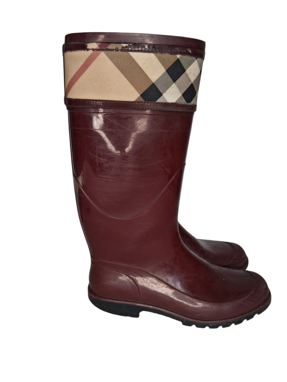 Burberry Burgundy Rubber Rainboots Nova Check Cuff Women's Size 38 (US 8)